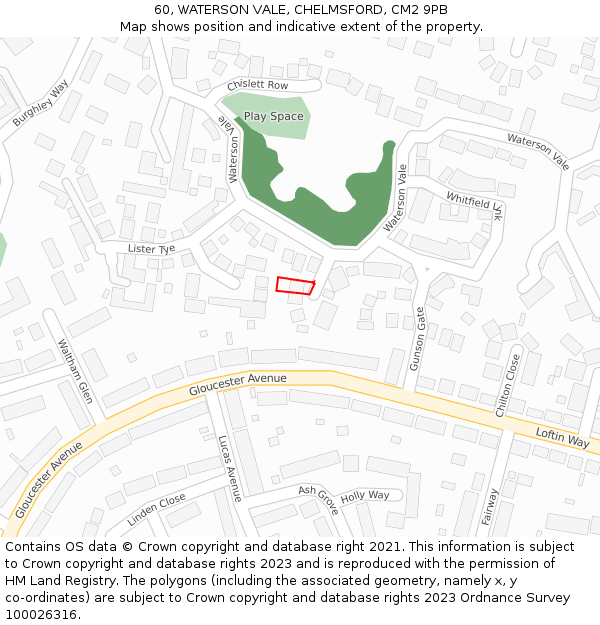 60, WATERSON VALE, CHELMSFORD, CM2 9PB: Location map and indicative extent of plot