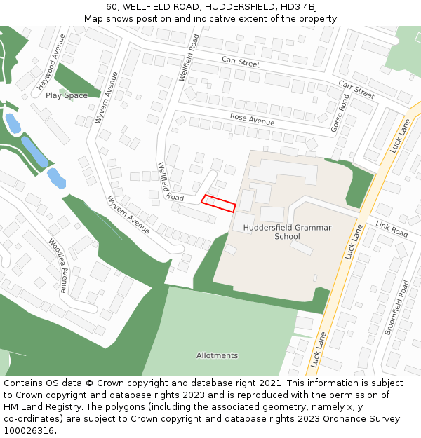 60, WELLFIELD ROAD, HUDDERSFIELD, HD3 4BJ: Location map and indicative extent of plot