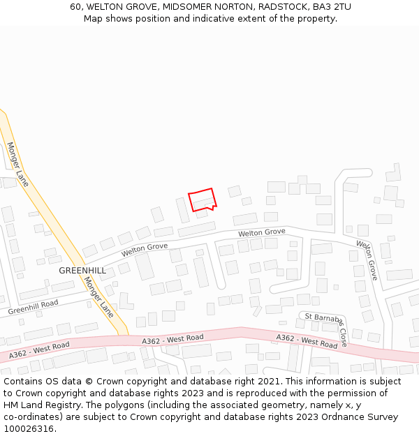 60, WELTON GROVE, MIDSOMER NORTON, RADSTOCK, BA3 2TU: Location map and indicative extent of plot