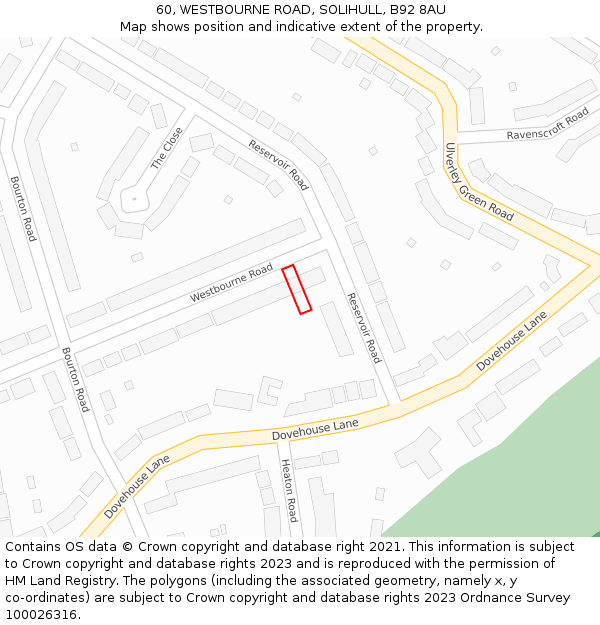 60, WESTBOURNE ROAD, SOLIHULL, B92 8AU: Location map and indicative extent of plot