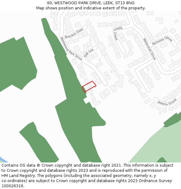60, WESTWOOD PARK DRIVE, LEEK, ST13 8NG: Location map and indicative extent of plot