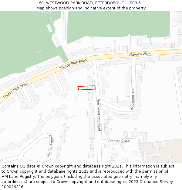 60, WESTWOOD PARK ROAD, PETERBOROUGH, PE3 6JL: Location map and indicative extent of plot