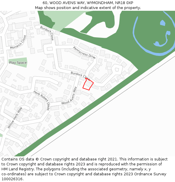 60, WOOD AVENS WAY, WYMONDHAM, NR18 0XP: Location map and indicative extent of plot