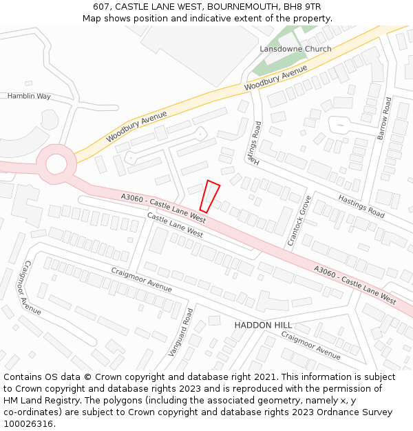 607, CASTLE LANE WEST, BOURNEMOUTH, BH8 9TR: Location map and indicative extent of plot