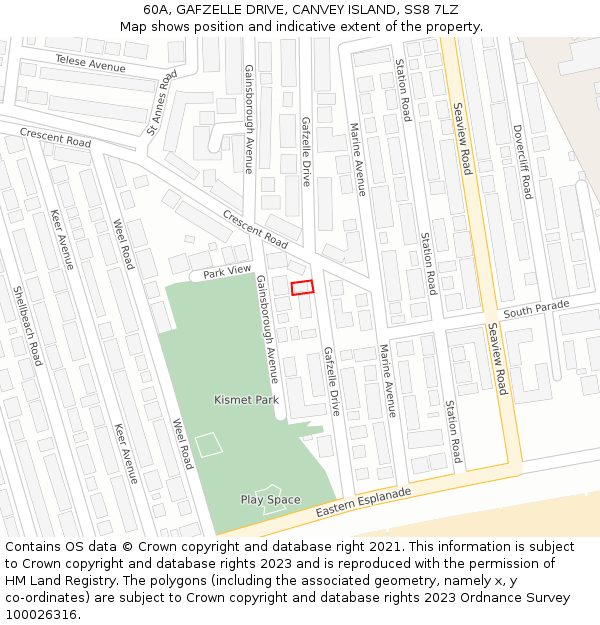 60A, GAFZELLE DRIVE, CANVEY ISLAND, SS8 7LZ: Location map and indicative extent of plot