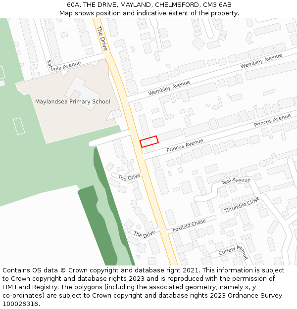 60A, THE DRIVE, MAYLAND, CHELMSFORD, CM3 6AB: Location map and indicative extent of plot