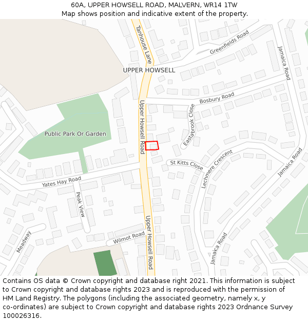 60A, UPPER HOWSELL ROAD, MALVERN, WR14 1TW: Location map and indicative extent of plot