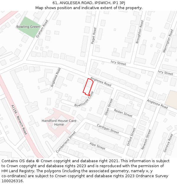 61, ANGLESEA ROAD, IPSWICH, IP1 3PJ: Location map and indicative extent of plot