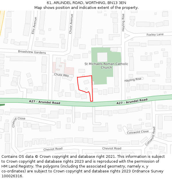 61, ARUNDEL ROAD, WORTHING, BN13 3EN: Location map and indicative extent of plot