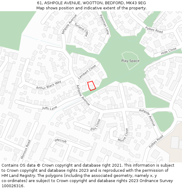 61, ASHPOLE AVENUE, WOOTTON, BEDFORD, MK43 9EG: Location map and indicative extent of plot