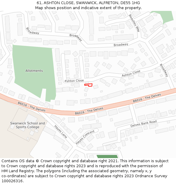 61, ASHTON CLOSE, SWANWICK, ALFRETON, DE55 1HG: Location map and indicative extent of plot
