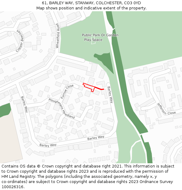 61, BARLEY WAY, STANWAY, COLCHESTER, CO3 0YD: Location map and indicative extent of plot
