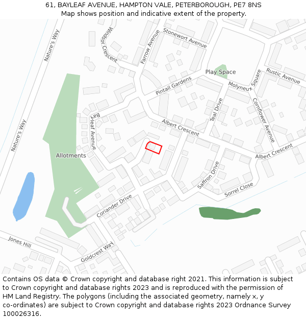 61, BAYLEAF AVENUE, HAMPTON VALE, PETERBOROUGH, PE7 8NS: Location map and indicative extent of plot