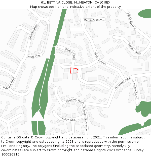 61, BETTINA CLOSE, NUNEATON, CV10 9EX: Location map and indicative extent of plot