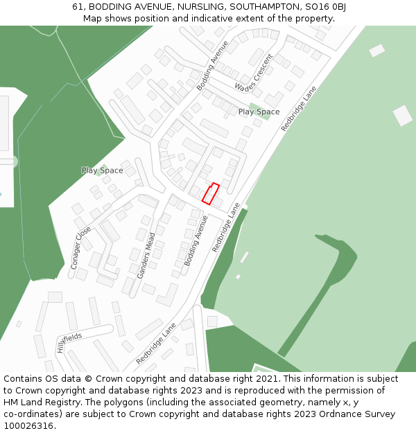 61, BODDING AVENUE, NURSLING, SOUTHAMPTON, SO16 0BJ: Location map and indicative extent of plot