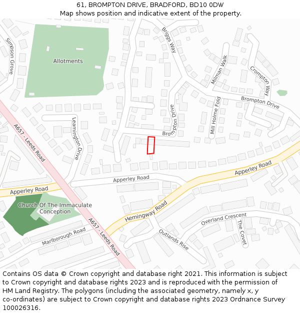 61, BROMPTON DRIVE, BRADFORD, BD10 0DW: Location map and indicative extent of plot
