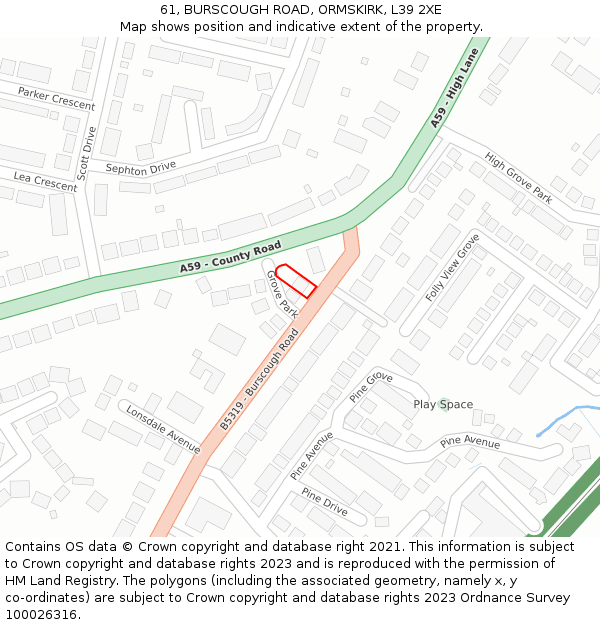 61, BURSCOUGH ROAD, ORMSKIRK, L39 2XE: Location map and indicative extent of plot