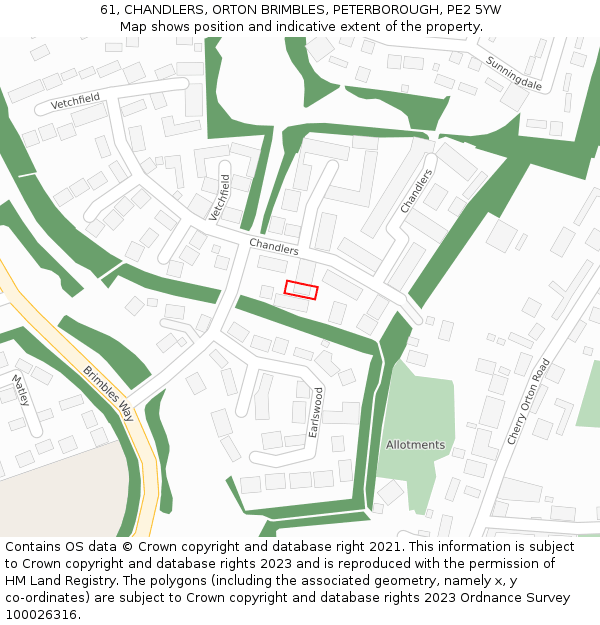 61, CHANDLERS, ORTON BRIMBLES, PETERBOROUGH, PE2 5YW: Location map and indicative extent of plot