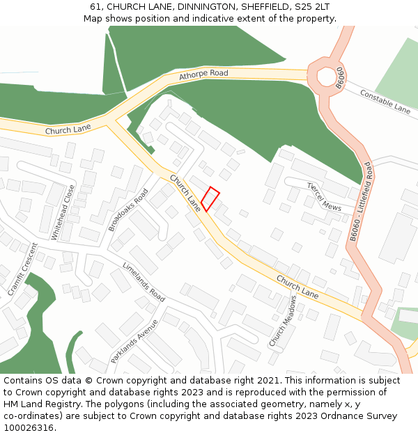 61, CHURCH LANE, DINNINGTON, SHEFFIELD, S25 2LT: Location map and indicative extent of plot
