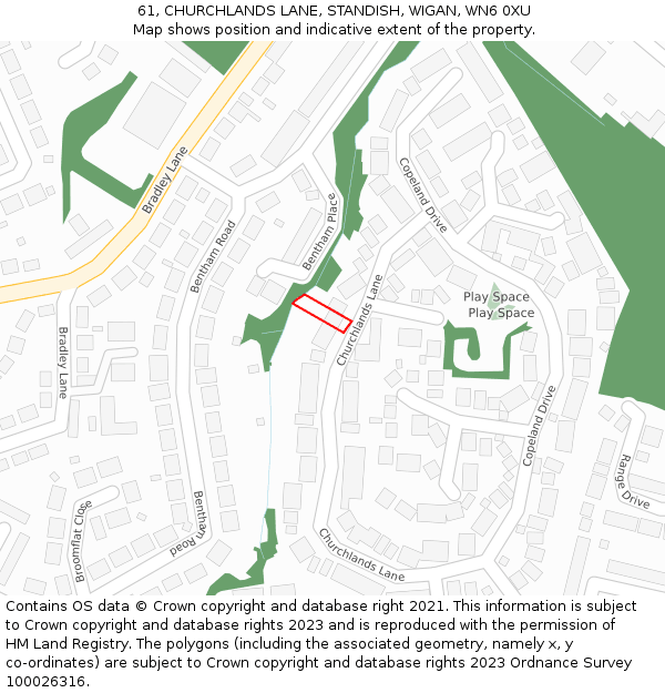 61, CHURCHLANDS LANE, STANDISH, WIGAN, WN6 0XU: Location map and indicative extent of plot