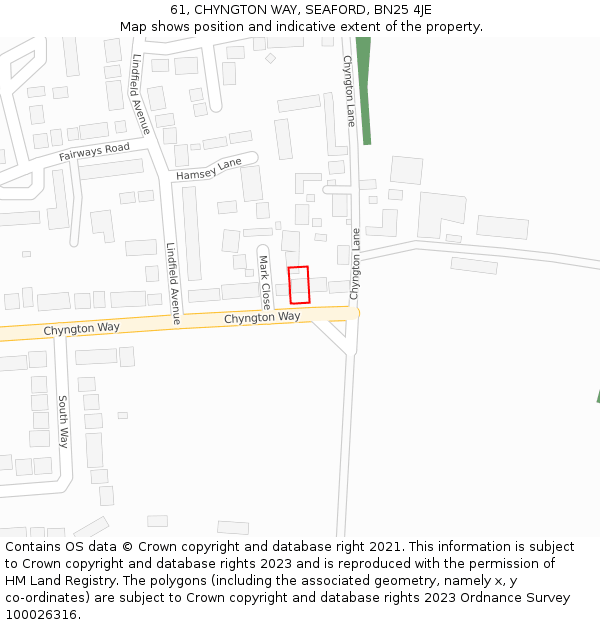 61, CHYNGTON WAY, SEAFORD, BN25 4JE: Location map and indicative extent of plot