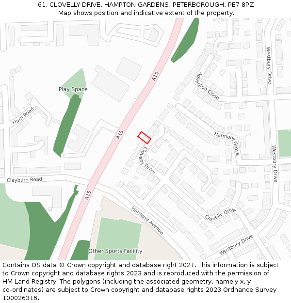 61, CLOVELLY DRIVE, HAMPTON GARDENS, PETERBOROUGH, PE7 8PZ: Location map and indicative extent of plot