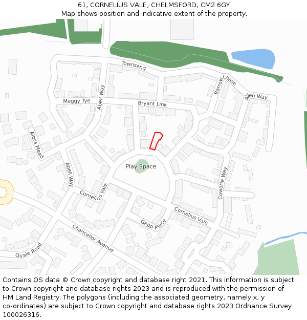 61, CORNELIUS VALE, CHELMSFORD, CM2 6GY: Location map and indicative extent of plot