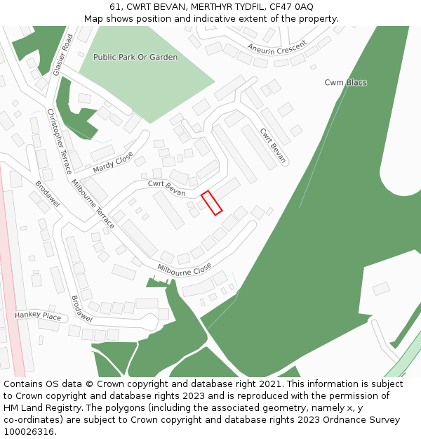 61, CWRT BEVAN, MERTHYR TYDFIL, CF47 0AQ: Location map and indicative extent of plot