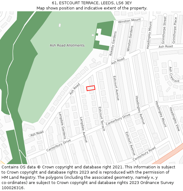 61, ESTCOURT TERRACE, LEEDS, LS6 3EY: Location map and indicative extent of plot