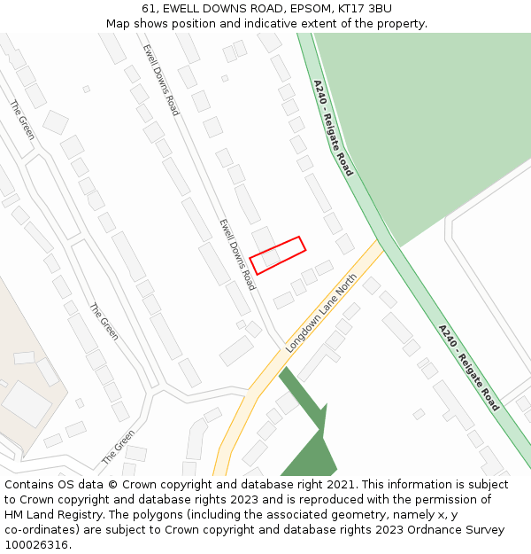 61, EWELL DOWNS ROAD, EPSOM, KT17 3BU: Location map and indicative extent of plot