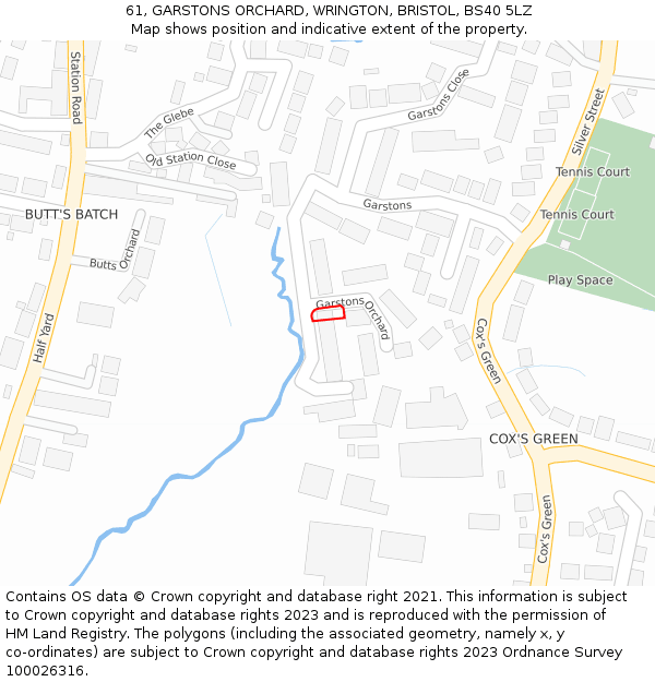 61, GARSTONS ORCHARD, WRINGTON, BRISTOL, BS40 5LZ: Location map and indicative extent of plot