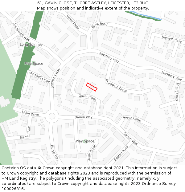 61, GAVIN CLOSE, THORPE ASTLEY, LEICESTER, LE3 3UG: Location map and indicative extent of plot