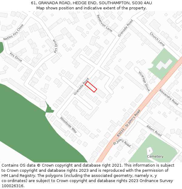 61, GRANADA ROAD, HEDGE END, SOUTHAMPTON, SO30 4AU: Location map and indicative extent of plot
