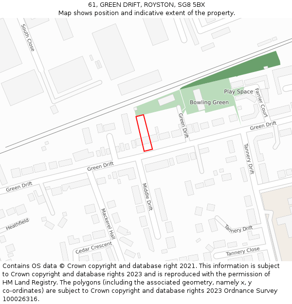 61, GREEN DRIFT, ROYSTON, SG8 5BX: Location map and indicative extent of plot
