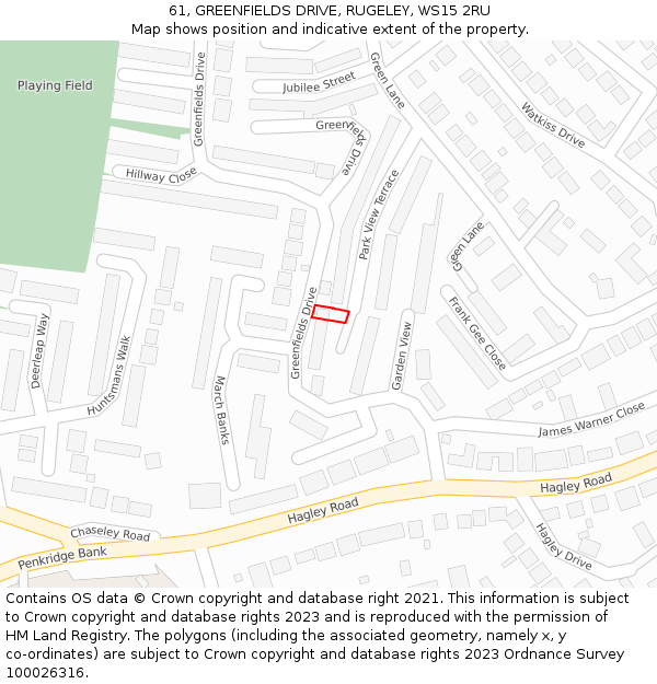61, GREENFIELDS DRIVE, RUGELEY, WS15 2RU: Location map and indicative extent of plot