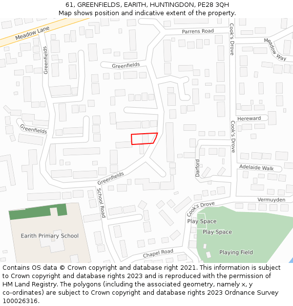 61, GREENFIELDS, EARITH, HUNTINGDON, PE28 3QH: Location map and indicative extent of plot