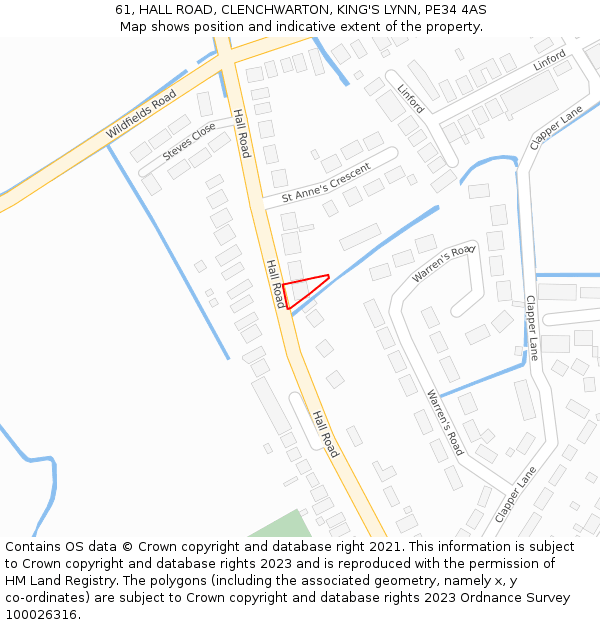 61, HALL ROAD, CLENCHWARTON, KING'S LYNN, PE34 4AS: Location map and indicative extent of plot