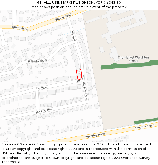 61, HILL RISE, MARKET WEIGHTON, YORK, YO43 3JX: Location map and indicative extent of plot