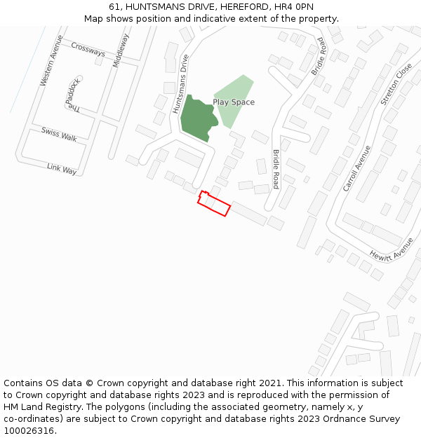 61, HUNTSMANS DRIVE, HEREFORD, HR4 0PN: Location map and indicative extent of plot