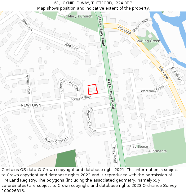 61, ICKNIELD WAY, THETFORD, IP24 3BB: Location map and indicative extent of plot