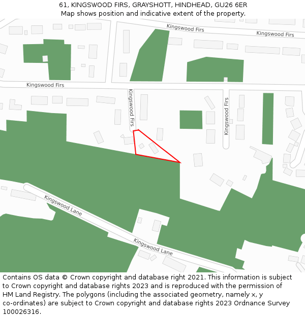 61, KINGSWOOD FIRS, GRAYSHOTT, HINDHEAD, GU26 6ER: Location map and indicative extent of plot