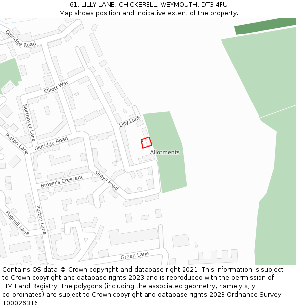 61, LILLY LANE, CHICKERELL, WEYMOUTH, DT3 4FU: Location map and indicative extent of plot