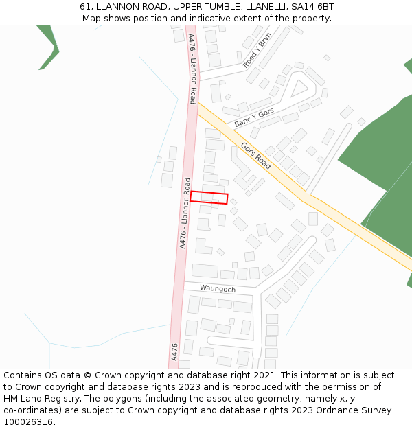61, LLANNON ROAD, UPPER TUMBLE, LLANELLI, SA14 6BT: Location map and indicative extent of plot