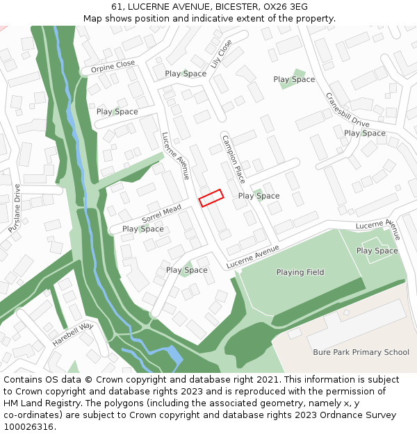 61, LUCERNE AVENUE, BICESTER, OX26 3EG: Location map and indicative extent of plot