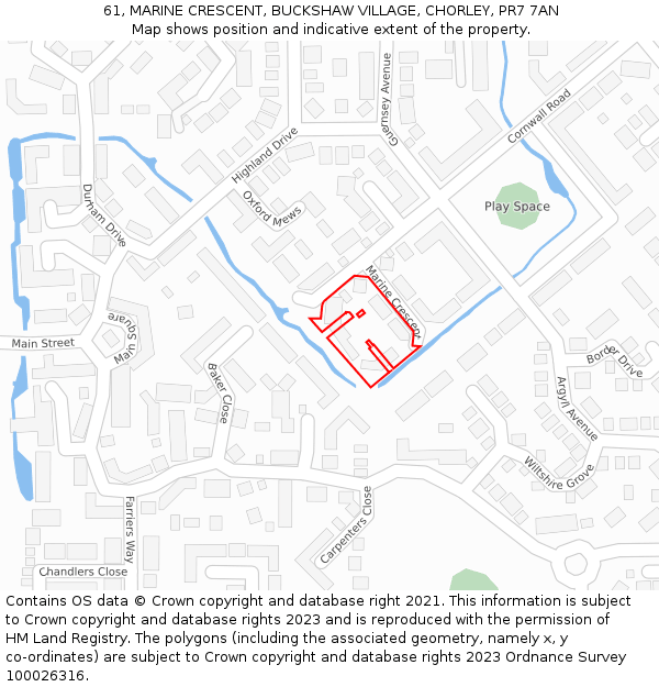 61, MARINE CRESCENT, BUCKSHAW VILLAGE, CHORLEY, PR7 7AN: Location map and indicative extent of plot