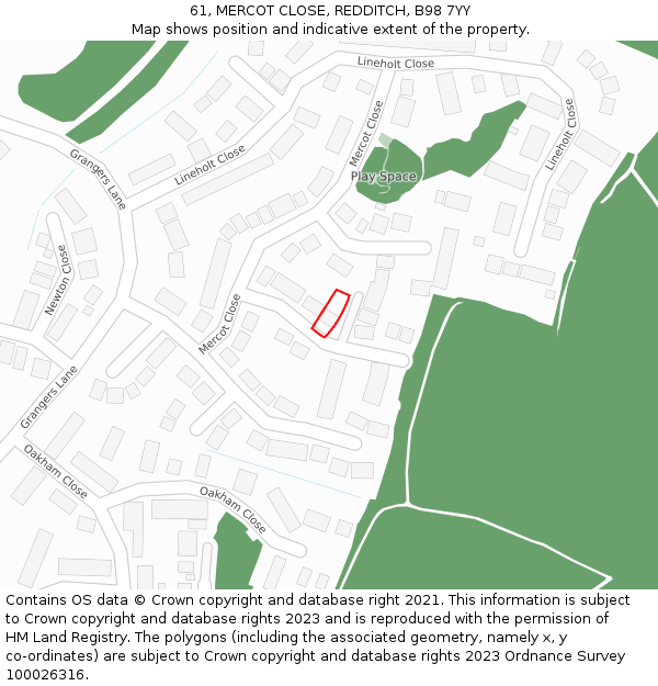 61, MERCOT CLOSE, REDDITCH, B98 7YY: Location map and indicative extent of plot