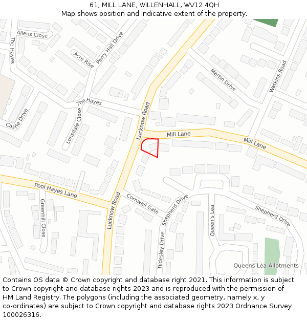 61, MILL LANE, WILLENHALL, WV12 4QH: Location map and indicative extent of plot