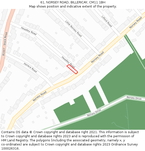 61, NORSEY ROAD, BILLERICAY, CM11 1BH: Location map and indicative extent of plot