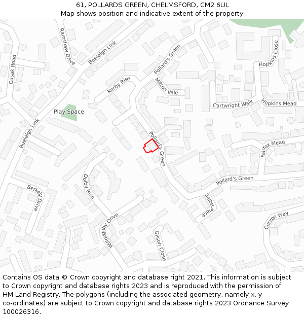 61, POLLARDS GREEN, CHELMSFORD, CM2 6UL: Location map and indicative extent of plot