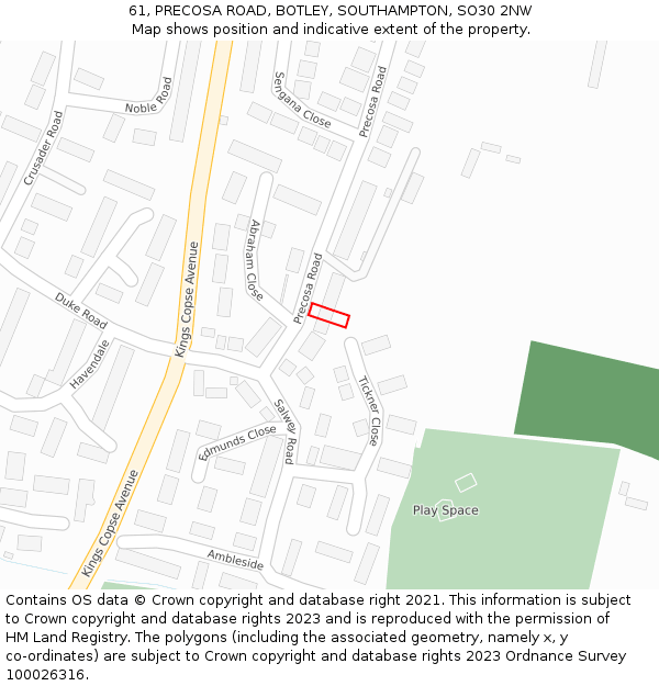 61, PRECOSA ROAD, BOTLEY, SOUTHAMPTON, SO30 2NW: Location map and indicative extent of plot
